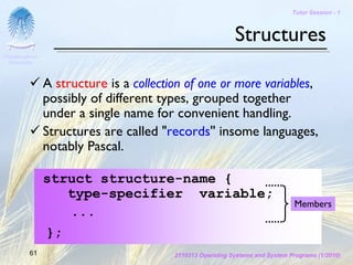 Tutor Session - 1



                                                            Structures
Chulalongkorn
 University



                A structure is a collection of one or more variables,
                possibly of different types, grouped together
                under a single name for convenient handling.
                Structures are called "records'' insome languages,
                notably Pascal.

                struct structure-name {
                   type-specifier variable;
                                                                                Members
                   ...
                };
         61                              2110313 Operating Systems and System Programs (1/2010)
 
