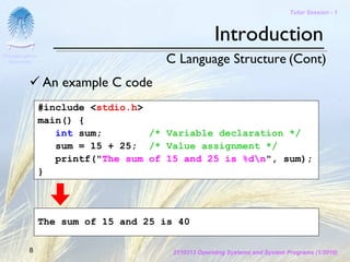 Tutor Session - 1



                                                    Introduction
Chulalongkorn
 University                          C Language Structure (Cont)
                An example C code
                #include <stdio.h>
                main() {
                   int sum;        /* Variable declaration */
                   sum = 15 + 25; /* Value assignment */
                   printf("The sum of 15 and 25 is %dn", sum);
                }




                The sum of 15 and 25 is 40

         8                             2110313 Operating Systems and System Programs (1/2010)
 