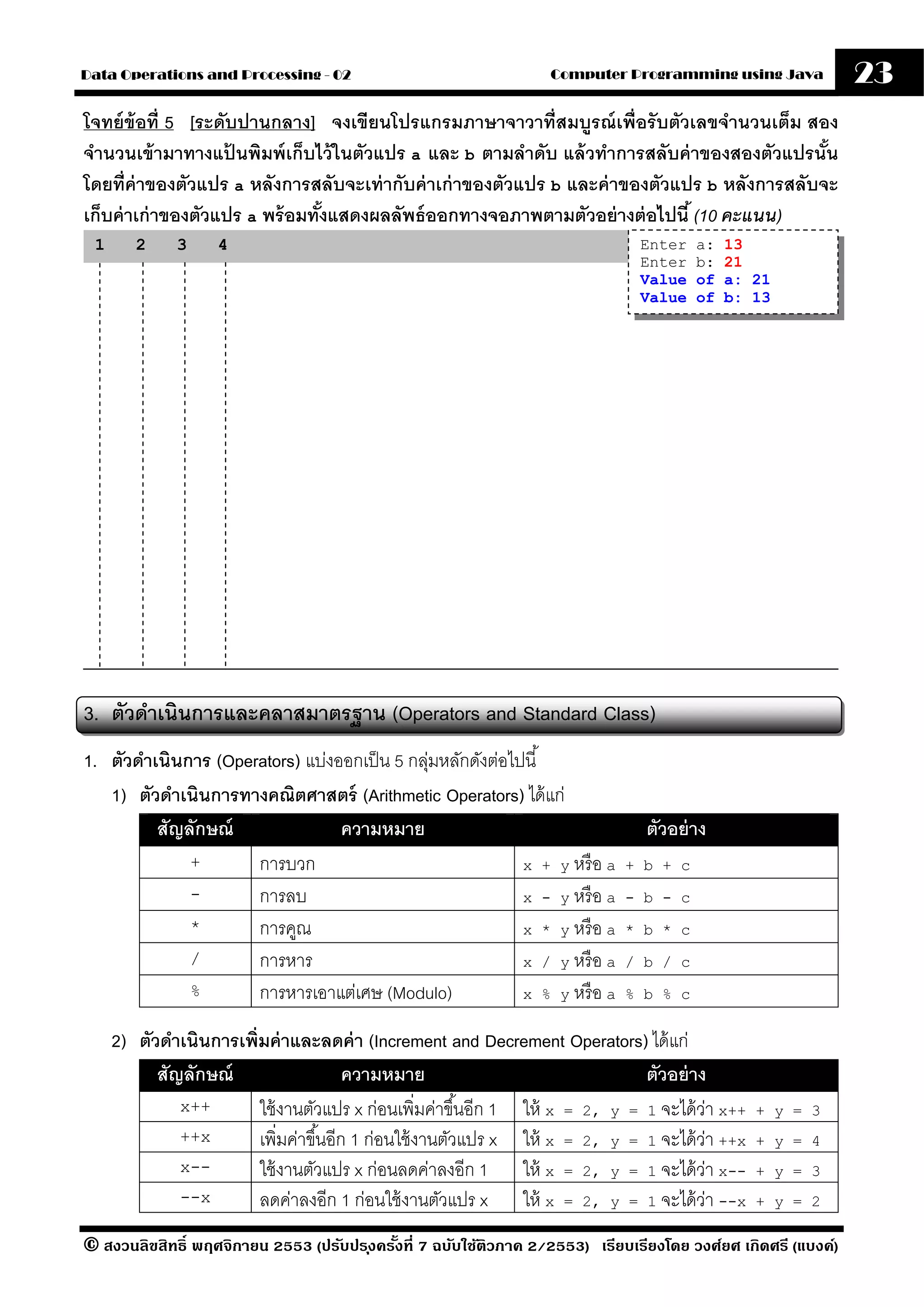 Data Operations and Processing - 02                                Computer Programming using Java              23
โจทย์ ข้อที่ 5 [ระดับปานกลาง] จงเขียนโปรแกรมภาษาจาวาที่สมบรณ์ เพื่อรั บตัวเลขจํานวนเต็ม สอง
                                                                 ู
จํานวนเข้ ามาทางแปนพิมพ์ เก็บไว้ ในตัวแปร a และ b ตามลําดับ แล้ วทําการสลับค่ าของสองตัวแปรนัน
                     ้                                                                        ้
โดยที่ค่าของตัวแปร a หลังการสลับจะเท่ ากับค่ าเก่ าของตัวแปร b และค่ าของตัวแปร b หลังการสลับจะ
เก็บค่ าเก่ าของตัวแปร a พร้ อมทังแสดงผลลัพธ์ ออกทางจอภาพตามตัวอย่ างต่ อไปนี ้ (10 คะแนน)
                                 ้
 1      2     3     4                                                           Enter   a:   13
                                                                                Enter   b:   21
                                                                                Value   of   a: 21
                                                                                Value   of   b: 13




3. ตัวดําเนินการและคลาสมาตรฐาน (Operators and Standard Class)
1. ตัวดําเนินการ (Operators) แบ่งออกเป็ น 5 กลุมหลักดังต่อไปนี ้
                                              ่
   1) ตัวดําเนินการทางคณิตศาสตร์ (Arithmetic Operators) ได้ แก่
          สัญลักษณ์               ความหมาย                                       ตัวอย่ าง
              +       การบวก                                x + y หรื อ a     + b + c
              -       การลบ                                 x - y หรื อ a     - b - c
              *       การคูณ                                x * y หรื อ a     * b * c
              /       การหาร                                x / y หรื อ a     / b / c
              %       การหารเอาแต่เศษ (Modulo)              x % y หรื อ a     % b % c


     2) ตัวดําเนินการเพิ่มค่ าและลดค่ า (Increment and Decrement Operators) ได้ แก่
           สัญลักษณ์                     ความหมาย                              ตัวอย่ าง
              x++        ใช้ งานตัวแปร x ก่อนเพิ่มค่าขึ ้นอีก 1 ให้ x = 2, y = 1 จะได้ วา x++
                                                                                        ่         + y = 3
              ++x        เพิ่มค่าขึ ้นอีก 1 ก่อนใช้ งานตัวแปร x ให้ x = 2, y = 1 จะได้ วา ++x
                                                                                          ่       + y = 4
              x--        ใช้ งานตัวแปร x ก่อนลดค่าลงอีก 1 ให้ x = 2, y = 1 จะได้ วา x--     ่     + y = 3
              --x        ลดค่าลงอีก 1 ก่อนใช้ งานตัวแปร x ให้ x = 2, y = 1 จะได้ วา --x       ่   + y = 2

© สงวนลิขสิทธิ์ พฤศจิกายน 2553 (ปรับปร ุงครังที่ 7 ฉบับใช้ติวภาค 2/2553) เรียบเรียงโดย วงศ์ยศ เกิดศรี (แบงค์)
                                            ้
 