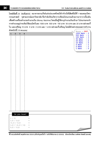 30     Computer Programming using Java                                     02 - Data Operations and Processing


     โจทย์ ข้อที่ 14 [ระดับยาก] ธนาคารลานเกียร์ แห่ งประเทศไทยได้ ว่าจ้ างให้ นิสิตชันปี ที่ 1 ของคณะวิศว-
                                                                                       ้
     กรรมศาสตร์ จุฬาลงกรณ์ มหาวิทยาลัย ซึ่งกําลังเรี ยนวิชาการเขียนโปรแกรมด้ วยภาษาจาวาเบืองต้ น     ้
     เพื่อสร้ างเครื่ องคํานวณจํานวนเงิน (Money Machine) โดยเมื่อผ้ ูใช้ ระบุจานวนเงินเข้ ามา โปรแกรมจะทํา
                                                                              ํ
     การคํานวณดว่ าจะต้ องใช้ ธนบัตรใบละ 1000 บาท 500 บาท 100 บาท 50 บาท และ 20 บาท อย่ างละกี่
                      ู
     ใบ และเหรี ยญ 10 บาท 5 บาท 2 บาท และ 1 บาท อย่ างละกี่เหรี ยญ โดยมีตัวอย่ างของผลการทํางาน
     ดังต่ อไปนี ้ (15 คะแนน)                                                              Money : 2897
      1     2     3     4                                                                     1000 Baht    :   2
                                                                                              500 Baht     :   1
                                                                                              100 Baht     :   3
                                                                                              50 Baht      :   1
                                                                                              20 Baht      :   2
                                                                                              10 Baht      :   0
                                                                                              5 Baht       :   1
                                                                                              2 Baht       :   1
                                                                                              1 Baht       :   0




            Do you know?

      1 / 0                   =    Error
      1.0 / 0.0               =    Infinity
      -1.0 / 0.0              =    -Infinity
      1.0 / (1.0 / 0)         =    0.0
      0.0 / 0.0               =    NaN


     © สงวนลิขสิทธิ์ พฤศจิกายน 2553 (ปรับปร ุงครังที่ 7 ฉบับใช้ติวภาค 2/2553) เรียบเรียงโดย วงศ์ยศ เกิดศรี (แบงค์)
                                                 ้
 
