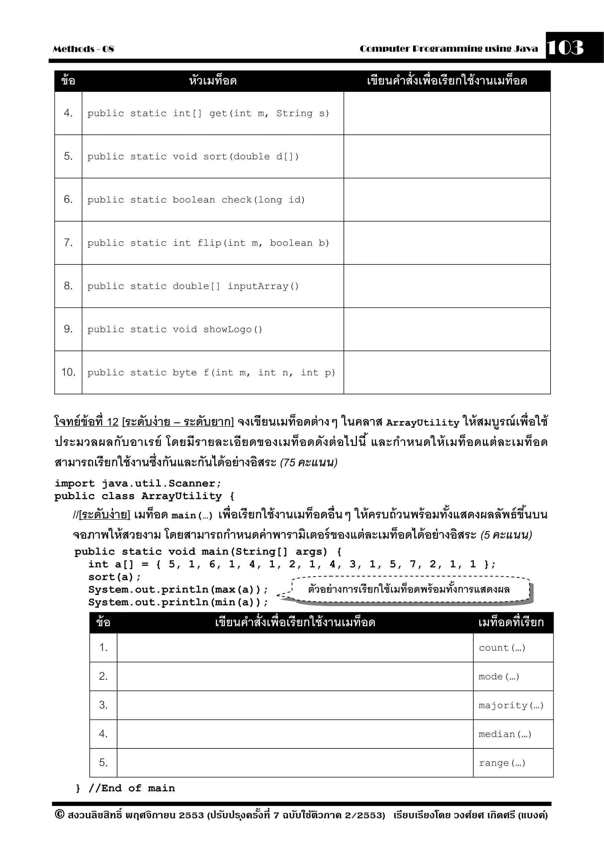 Methods - 08                                                       Computer Programming using Java            103
 ข้ อ                         หัวเมท็อด                             เขียนคําสั่งเพื่อเรียกใช้ งานเมท็อด
  4.     public static int[] get(int m, String s)



  5.     public static void sort(double d[])



  6.     public static boolean check(long id)



  7.     public static int flip(int m, boolean b)



  8.     public static double[] inputArray()



  9.     public static void showLogo()



 10.     public static byte f(int m, int n, int p)



โจทย์ ข้อที่ 12 [ระดับง่ าย – ระดับยาก] จงเขียนเมท็อดต่ างๆ ในคลาส ArrayUtility ให้ สมบรณ์ เพื่อใช้
                                                                                       ู
ประมวลผลกั บ อาเรย์ โดยมี ร ายละเอีย ดของเมท็อดดัง ต่ อไปนี ้ และกํา หนดให้ เ มท็อดแต่ ล ะเมท็อ ด
สามารถเรียกใช้ งานซึ่งกันและกันได้ อย่ างอิสระ (75 คะแนน)
import java.util.Scanner;
public class ArrayUtility {
       //[ระดับง่ าย] เมท็อด main(…) เพื่อเรียกใช้ งานเมท็อดอื่นๆ ให้ ครบถ้ วนพร้ อมทังแสดงผลลัพธ์ ขึนบน
                                                                                      ้              ้
       จอภาพให้ สวยงาม โดยสามารถกําหนดค่ าพารามิเตอร์ ของแต่ ละเมท็อดได้ อย่ างอิสระ (5 คะแนน)
       public static void main(String[] args) {
         int a[] = { 5, 1, 6, 1, 4, 1, 2, 1, 4, 3, 1, 5, 7, 2, 1, 1 };
         sort(a);
         System.out.println(max(a));      ตัวอย่ างการเรียกใช้ เมท็อดพร้ อมทังการแสดงผล
                                                                             ้
         System.out.println(min(a));
           ข้ อ                    เขียนคําสั่งเพื่อเรียกใช้ งานเมท็อด                       เมท็อดที่เรียก
            1.                                                                               count(…)

            2.                                                                               mode(…)

            3.                                                                               majority(…)

            4.                                                                               median(…)

            5.                                                                               range(…)

       } //End of main

© สงวนลิขสิทธิ์ พฤศจิกายน 2553 (ปรับปร ุงครังที่ 7 ฉบับใช้ติวภาค 2/2553) เรียบเรียงโดย วงศ์ยศ เกิดศรี (แบงค์)
                                            ้
 