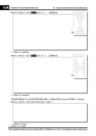 126   Computer Programming using Java                          09 - Advanced Statements and Applications


      public static void starI(int n) {                   [ระดับยาก]                         starI(11)
                                                                                             ***********
                                                                                              *********
                                                                                               *******
                                                                                                *****
                                                                                                 ***
                                                                                                  *
                                                                                                 ***
                                                                                                *****
                                                                                               *******
                                                                                              *********
                                                                                             ***********




      } //End of method
      public static void starJ(int n) {                   [ระดับยาก]                         starJ(11)
                                                                                             *         *
                                                                                             **       **
                                                                                             ***     ***
                                                                                             ****   ****
                                                                                             ***** *****
                                                                                             ***********
                                                                                             ***** *****
                                                                                             ****   ****
                                                                                             ***     ***
                                                                                             **       **
                                                                                             *         *




      } //End of method

      //เรียกใช้ เมท็อดต่ างๆ ก่ อนหน้ านี ้ โดยเลือกเพียง 4 เมท็อดเท่ านัน (0 คะแนน ถ้ าไม่ ทา -5 คะแนน)
                                                                          ้                   ํ
      public static void main(String[] args) {




    } //End of main
  } //End of class

  © สงวนลิขสิทธิ์ พฤศจิกายน 2553 (ปรับปร ุงครังที่ 7 ฉบับใช้ติวภาค 2/2553) เรียบเรียงโดย วงศ์ยศ เกิดศรี (แบงค์)
                                              ้
 
