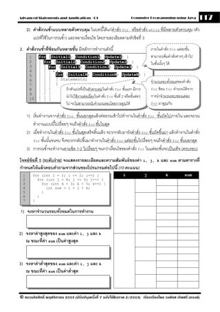 Advanced Statements and Applications - 09                                     Computer Programming using Java                 117
      2) คําสั่งวนซําแบบหลายตัวควบคุม ในบทนี ้ได้ แก่คําสัง for หรื อคําสัง while ที่มีหลายตัวควบคุม (ตัว
                     ้                                       ่                ่
         แปรที่ใช้ ในการวนซํ ้า) และหลายเงื่อนไข โดยรายละเอียดตามหัวข้ อที่ 3
2. คําสั่งวนซําที่ซ้อนกันหลายชัน มีหลักการทํางานดังนี ้
              ้                ้                                                             ภายในคําสัง for แต่ละชัน
                                                                                                        ่               ้
       1     for (Initial1; Condition1; Update1) {                                           สามารถเพิ่มคําสังต่างๆ เข้ าไป
                                                                                                             ่
       2       for (Initial2; Condition2; Update2) {                                         ในชันนันๆ ได้
                                                                                                 ้ ้
       3         for (Initial3; Condition3; Update3) {
       4                 ...
       5                  for (InitialN; ConditionN; UpdateN) {
                            Statements;
       6
                          }                                                                  จํานวนรอบทังหมดของคําสัง
                                                                                                         ้            ่
       7
       8             }         ถ้ าตัวแปรที่เป็ นตัวควบคุมในคําสัง for ชันแรก มีการ
                                                                 ่        ้                  for ซ้ อน for คํานวนได้ จาก
       9         }
       10    }                 นําไปใช้ งานต่อเนื่องในคําสัง for ชันที่ 2 หรื อชันต่อๆ
                                                           ่        ้            ้           การนําจํานวนรอบของแต่ละ
                               ไป จะไม่สามารถนับจํานวนรอบโดยการคูณได้                        for มาคูณกัน


      1) เริ่ มทํางานจากคําสัง for ชันนอกสุดแล้ วค่อยวนเข้ าไปทํางานในคําสัง for ชันถัดไปภายใน และจะวน
                               ่      ้                                         ่        ้
         ทํางานแบบนี ้ไปเรื่ อยๆ จนถึงคําสัง for ชันในสุด
                                           ่        ้
      2) เมื่อทํางานในคําสัง for ชันในสุดเสร็ จสิ ้นแล้ ว จะวกกลับมายังคําสัง for ชันถัดขึ ้นมา แล้ วทํางานในคําสัง
                             ่     ้                                         ่      ้                             ่
         for ชันนันจนจบ จึงจะวกกลับขึ ้นมาทํางานในคําสัง for แต่ละชันไปเรื่ อยๆ จนถึงคําสัง for ชันนอกสุด
                  ้ ้                                        ่             ้                    ่        ้
      3) การวนซํ ้าจะทํางานตามข้ อ 1-2 ไปเรื่ อยๆ จนกว่าเงื่อนไขของคําสัง for ในแต่ละชันจะเป็ นเท็จ (ครบรอบ)
                                                                         ่                  ้
โจทย์ ข้อที่ 5 [ระดับง่ าย] จงแสดงรายละเอียดและความสัมพันธ์ ของค่ า i,                       j, k   และ sum ตามตารางที่
กําหนดให้ แล้ วตอบคําถามจากส่ วนของโปรแกรมต่ อไปนี ้ (10 คะแนน)
  1      for (int i = 1; i <= 2; i++) {                                  i               j             k             sum
  2        for (int j = 8; j >= 5; j--) {
  3          for (int k = 3; k < 5; k++) {
  4            int sum = i + j + k;
  5          }
  6        }
  7      }


1) จงหาจํานวนรอบทังหมดในการทํางาน
                  ้


2) จงหาค่ าสงสุดของ sum และค่ า i, j และ k
            ู
   ณ ขณะที่ค่า sum เป็ นค่ าสงสุด
                             ู


3) จงหาค่ าตํ่าสุดของ sum และค่ า i, j และ k
   ณ ขณะที่ค่า sum เป็ นค่ าตํ่าสุด



© สงวนลิขสิทธิ์ พฤศจิกายน 2553 (ปรับปร ุงครังที่ 7 ฉบับใช้ติวภาค 2/2553) เรียบเรียงโดย วงศ์ยศ เกิดศรี (แบงค์)
                                            ้
 