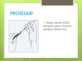PROSEDUR
1. Hisap darah EDTA
dengan pipet Thoma
sampai tanda 0.5.

 