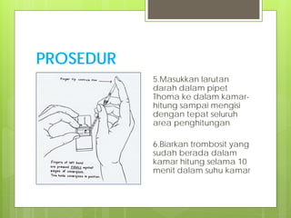 PROSEDUR
5.Masukkan larutan
darah dalam pipet
Thoma ke dalam kamarhitung sampai mengisi
dengan tepat seluruh
area penghitungan
6.Biarkan trombosit yang
sudah berada dalam
kamar hitung selama 10
menit dalam suhu kamar

 