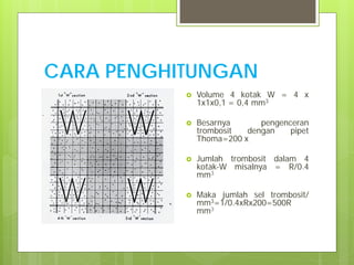CARA PENGHITUNGAN








Volume 4 kotak W = 4 x
1x1x0,1 = 0,4 mm3
Besarnya
pengenceran
trombosit
dengan
pipet
Thoma=200 x
Jumlah trombosit dalam 4
kotak-W misalnya = R/0.4
mm3
Maka jumlah sel trombosit/
mm3=1/0.4xRx200=500R
mm3

 