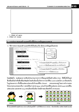 Advanced Classes and Objects - 13                                  Computer Programming using Java          193




  } //End of main
} //End of class


3. การประกาศและสร้ างแอตทริบวที่มีประเภทข้ อมลแบบคลาส
                            ิ                ู
1) วิธีการประกาศและสร้ างแอตทริบวที่เป็ นอ๊ อบเจ็ค (มีประเภทข้ อมลเป็ นคลาส)
                                ิ                                ู
     1     public class Box {
     2       public double v;                                    Box
     3       public Data d;
     4       public Box() {                                              d
     5         v = 0.0;                                        v
                                                                         x
     6         d = new Data();
     7       }
     8       public Box(double a, Data b) {
     9         v = a;
     10        d = new Data(b);           การกําหนดค่าเริ่ มต้ นให้ กบแอตทริบิว v ซึงเป็ นประเภท
                                                                       ั              ่
     11      }
     12      public Box(Box b) {          double จะใช้ เครื่ องหมายเท่ากับ (แบบเดิมที่เคยทํา)
     13        v = b.v;
     14
     14      }
               d = new Data(b.d);
                                          การกําหนดค่าเริ่ มต้ นให้ กบแอตทริบิว d ซึงเป็ นอ๊ อบ
                                                                     ั              ่
     16      ...                          เจ็คประเภท Data จะใช้ หลักการ new
     17    }



โจทย์ ข้อที่ 5 [ระดับยาก] จงเขียนโปรแกรมภาษาจาวาที่สมบรณ์ เพื่อสร้ างเมือง (City) ที่มีพืนที่เป็ นรป
                                                                ู                           ้         ู
สี่เหลี่ยมผืนผ้ าหรื อสี่เหลี่ยมจัสตุรัส โดยตัวเมืองนันเกิดจากการนําที่ดน (Land) แปลงใดๆ มาเรี ยงต่ อกัน
                                                      ้                 ิ
ในรปของตาราง ซึ่งที่ดินแต่ ละแปลงจะมีเจ้ าของที่ดิน (Owner) ครอบครองอย่ ู โดยการทํางานของ
     ู
โปรแกรมจะแบ่ งออกเป็ น 3 คลาสได้ แก่ คลาส Owner แทนเจ้ าของที่ดนแต่ ละคน คลาส Land แทนที่ดน
                                                                          ิ                             ิ
แต่ ละแปลง และคลาส City แทนเมืองหนึ่งเมือง โดยมีรายละเอียดดังนี ้ (30 คะแนน)




   Owner                          Land                                              City

© สงวนลิขสิทธิ์ พฤศจิกายน 2553 (ปรับปร ุงครังที่ 7 ฉบับใช้ติวภาค 2/2553) เรียบเรียงโดย วงศ์ยศ เกิดศรี (แบงค์)
                                            ้
 