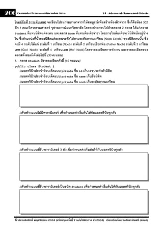 206   Computer Programming using Java                                     13 - Advanced Classes and Objects


  โจทย์ ข้อที่ 8 [ระดับเทพ] จงเขียนโปรแกรมภาษาจาวาให้ สมบรณ์ เพื่อสร้ างห้ องติวจาวา ซึ่งก็คือห้ อง 302
                                                                  ู
  ตึก 1 คณะวิศวกรรมศาสตร์ จุฬาลงกรณ์ มหาวิทยาลัย โดยจะประกอบไปด้ วยคลาส 2 คลาส ได้ แก่ คลาส
  Student ที่แทนนิสิตแต่ ละคน และคลาส Room ที่แทนห้ องติวจาวา โดยภายในห้ องติวจะมีนิสิตนั่งอย่ ข้าง       ู
  ใน ซึ่งตําแหน่ งที่น่ ังของนิสิตแต่ ละคนจะจัดให้ ตามระดับความเกรี ยน (Noob Levels) ของนิสิตคนนัน ซึ่ง ้
  จะมี 4 ระดับได้ แก่ ระดับที่ 1 เกรี ยน (Noob) ระดับที่ 2 เกรี ยนเรี ยกพ่ อ (Father Noob) ระดับที่ 3 เกรี ยน
  เทพ (God Noob) ระดับที่ 4 เกรี ยนเมพ (Hof Noob) โดยรายละเอียดการทํางาน และรายละเอียดของ
  คลาสทังสองมีดงต่ อไปนี ้ (30 คะแนน)
          ้         ั
  1. คลาส Student มีรายละเอียดดังนี ้ (10 คะแนน)
  public class Student {
       //แอตทริบวประจําอ๊ อบเจ็คแบบ private ชื่อ id เก็บเลขประจําตัวนิสิต
                    ิ
       //แอตทริบวประจําอ๊ อบเจ็คแบบ private ชื่อ name เก็บชื่อนิสิต
                  ิ
       //แอตทริบวประจําอ๊ อบเจ็คแบบ private ชื่อ noob เก็บระดับความเกรี ยน
                ิ




       //ตัวสร้ างแบบไม่ มีพารามิเตอร์ เพื่อกําหนดค่ าเริ่มต้ นให้ กับแอตทริบวทุกตัว
                                                                             ิ




       //ตัวสร้ างแบบที่รับพารามิเตอร์ 3 ตัวเพื่อกําหนดค่ าเริ่มต้ นให้ กับแอตทริบวทุกตัว
                                                                                  ิ




       //ตัวสร้ างแบบที่รับพารามิเตอร์ เป็ นชนิด Student เพื่อกําหนดค่ าเริ่มต้ นให้ กับแอตทริบวทุกตัว
                                                                                               ิ




  © สงวนลิขสิทธิ์ พฤศจิกายน 2553 (ปรับปร ุงครังที่ 7 ฉบับใช้ติวภาค 2/2553) เรียบเรียงโดย วงศ์ยศ เกิดศรี (แบงค์)
                                              ้
 