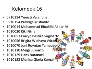 Kelompok 16 0710214 Yuniati Valentina 0910154 Prayoga kristianto 1010014 Muhammad Rinaldhi Akbar M 1010020 Kiki Fitria 1010053 Carryn Bestika Sugiharto 1010056 Brigita Widhayu Wiradi 1010070 Juni Royntan Tampubolon 1010110 Meigi Suwarto 1010129 Hans Natanael 1010183 Monica Gloria Komaling 