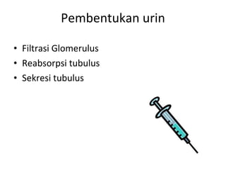 Pembentukan urin Filtrasi Glomerulus Reabsorpsi tubulus Sekresi tubulus 