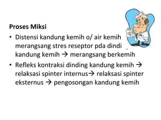 Proses Miksi Distensi kandung kemih o/ air kemih    merangsang stres reseptor pda dinding kandung kemih    merangsang berkemih Refleks kontraksi dinding kandung kemih    relaksasi spinter internus   relaksasi spinter eksternus    pengosongan kandung kemih 