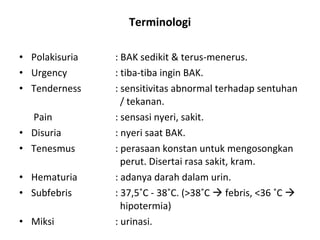 Terminologi Polakisuria : BAK sedikit & terus-menerus. Urgency : tiba-tiba ingin BAK. Tenderness : sensitivitas abnormal terhadap sentuhan    / tekanan. Pain : sensasi nyeri, sakit. Disuria : nyeri saat BAK. Tenesmus : perasaan konstan untuk mengosongkan    perut. Disertai rasa sakit, kram. Hematuria : adanya darah dalam urin. Subfebris : 37,5˚C - 38˚C. (>38˚C    febris, <36 ˚C       hipotermia) Miksi : urinasi. 