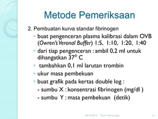 Metode Pemeriksaan
2. Pembuatan kurva standar fibrinogen

◦ buat pengenceran plasma kalibrasi dalam OVB
(Owren’sVeronal Buffer) 1:5, 1:10, 1:20, 1:40
◦ dari tiap pengenceran : ambil 0,2 ml untuk
dihangatkan 37⁰ C
◦ tambahkan 0,1 ml larutan trombin
◦ ukur masa pembekuan
◦ buat grafik pada kertas double log :
- sumbu X : konsentrasi fibrinogen (mg/dl )
- sumbu Y : masa pembekuan (detik)
04/12/2013

Tutor Hematologi

13

 