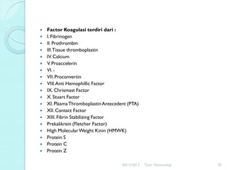 



















Factor Koagulasi terdiri dari :
I. Fibrinogen
II. Prothrombin
III.Tissue thromboplastin
IV. Calcium
V. Proaccelerin
VI. VII. Proconvertin
VIII. Anti Hemophillic Factor
IX. Chrismast Factor
X. Stuart Factor
XI. Plasma Thromboplastin Antecedent (PTA)
XII. Contact Factor
XIII. Fibrin Stabilizing Factor
Prekalikrein (Fletcher Factor)
High Molecular Weight Kinin (HMWK)
Protein S
Protein C
Protein Z
04/12/2013

Tutor Hematologi

50

 