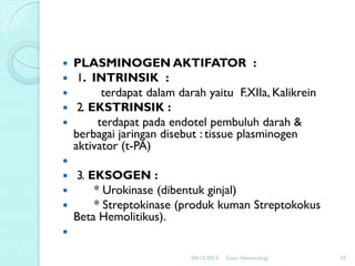 





PLASMINOGEN AKTIFATOR :
1. INTRINSIK :
terdapat dalam darah yaitu F.XIIa, Kalikrein
2. EKSTRINSIK :
terdapat pada endotel pembuluh darah &
berbagai jaringan disebut : tissue plasminogen
aktivator (t-PA)






3. EKSOGEN :
* Urokinase (dibentuk ginjal)
* Streptokinase (produk kuman Streptokokus
Beta Hemolitikus).


04/12/2013

Tutor Hematologi

55

 
