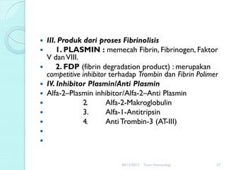 








III. Produk dari proses Fibrinolisis
1. PLASMIN : memecah Fibrin, Fibrinogen, Faktor
V dan VIII.
2. FDP (fibrin degradation product) : merupakan
competitive inhibitor terhadap Trombin dan Fibrin Polimer
IV. Inhibitor Plasmin/Anti Plasmin
Alfa-2–Plasmin inhibitor/Alfa-2–Anti Plasmin
2.
Alfa-2-Makroglobulin
3.
Alfa-1-Antitripsin
4.
Anti Trombin-3 (AT-III)




04/12/2013

Tutor Hematologi

57

 
