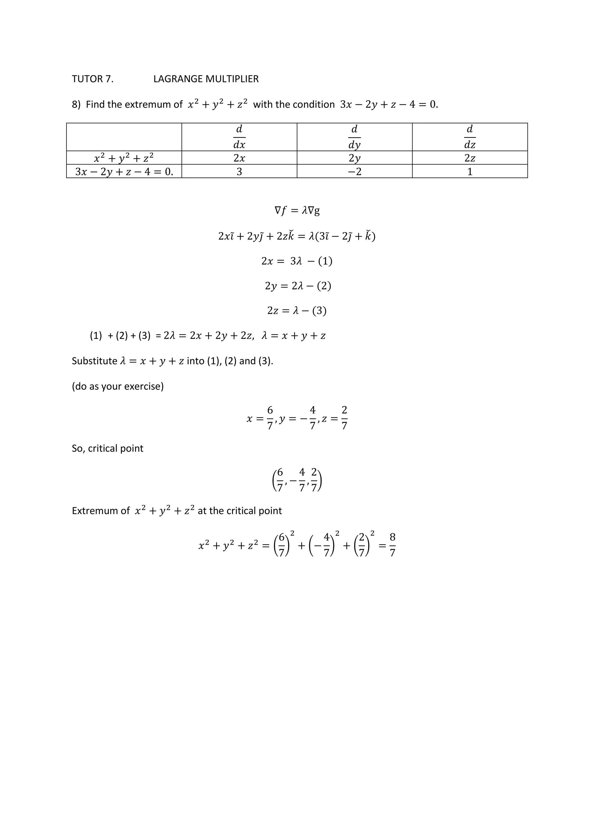 TUTOR 7. LAGRANGE MULTIPLIER
8) Find the extremum of with the condition
̃ ̃ ̌ ̃ ̃ ̌
(1) + (2) + (3) =
Substitute into (1), (2) and (3).
(do as your exercise)
So, critical point
( )
Extremum of at the critical point
( ) ( ) ( )
