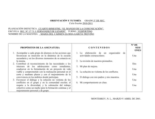 ORIENTACIÓN Y TUTORÍA        GRADO 3° DE SEC.
                                                     Ciclo Escolar 2010-2011

PLANEACIÓN DIDÁCTICA CUARTO BIMESTRE, “EL MANEJO DE LA COMUNICACIÓN”.
ESCUELA SEC. N° 17 “J. J. FERNÁNDEZ DE LIZARDI” TURNO VESPERTINO
NOMBRE DE LA MAESTRA MARÍA DEL CARMEN ELODIA GARCÍA TREVIÑO



                                                                                                                     N° DE
          PROPÓSITOS DE LA ASIGNATURA                                       CONTENIDOS                                   SESI
                                                                                                                        ONES
   1. Acompañar a cada grupo de alumnos en las acciones que     1. La elaboración de un           organizador   de
      favorezcan su inserción en la dinámica de la escuela         actividades extraescolares.                        Una
      secundaria y en los diversos momentos de su estancia en
      la misma.                                                 2. La revisión de nuestros promedios.
   2. Contribuir al reconocimiento de las necesidades y los                                                           Dos
      intereses de los adolescentes como estudiantes,           3. Mi plan de mejora.
      coadyuvar en la formulación de un proyecto de vida                                                              Una
      viable y comprometido con la realización personal en el   4. La solución no violenta de los conflictos.
      corto y mediano plazos y con el mejoramiento de la                                                              Una
      convivencia en los ámbitos donde participan.              5. El diálogo con mis padres y mis maestros.
   3. Favorecer el diálogo y la solución no violenta de los                                                           Una
      conflictos en el grupo y en la comunidad escolar; el      6. Mi comportamiento en clase.
      respeto a la diversidad, y la valoración del trabajo                                                            Una
      colectivo como un medio para la formación continua y el
      mejoramiento personal y de grupo.


                                                                               MONTERREY, N. L., MARZO Y ABRIL DE 2001.
 