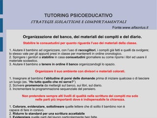 TUTORING PSICOEDUCATIVO
STRATEGIE SCOLASTICHE E COMPORTAMENTALI
Organizzazione del banco, dei materiali dei compiti e del diario.
Stabilire le consuetudini per quanto riguarda l’uso dei materiali della classe.
1. Aiutare il bambino ad organizzare, con l’uso di raccoglitori, i compiti già fatti e quelli da svolgere;
lo stesso vale per gli appunti presi in classe per mantenerli in ordine cronologico.
2. Spingere i genitori a stabilire in casa consuetudini giornaliere su come riporre i libri ed usare il
materiale scolastico.
3. Aiutare il bambino a tenere in ordine il banco organizzandogli lo spazio.
Organizzare il suo ambiente con divisori e materiali colorati.
1. Insegnare al bambino l’abitudine di porsi delle domande prima di iniziare qualcosa o di lasciare
un luogo (es. “Ho tutto quello che mi serve?”)
2. Scrivere promemoria da mettergli sul banco, sui libri, sul diario.
3. Incrementare la programmazione sequenziale del pensiero.
Non pretendere sempre alti livelli di qualità nella scrittura dei compiti ma solo
nelle parti più importanti dove è indispensabile la chiarezza.
1. Colorare, evidenziare, sottolineare quelle lettere che di solito il bambino non è
capace di fare in corsivo.
2. Ridurre lo standard per una scrittura accettabile
Fonte:www.aifaonlus.it
 