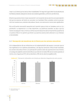 114 
Implementación del espacio curricular de Tutoría en la educación secundaria 
mejor a sus tutores que los de las otras modalidades.5 En segundo lugar están los estudiantes de 
las telesecundarias, después los de las secundarias generales y al final los de técnicas. 
El factor que parece tener mayor asociación6 con la opinión de los alumnos es la percepción 
de que las sesiones de Tutoría se cancelan con facilidad. Otras variables como la percep-ción 
de inasistencias y retardos del profesor, tienen una asociación menor pero significativa. 
No se encuentra asociación relevante de la opinión sobre el tutor en variables como su ca-pacitación, 
su experiencia o, lo más importante, sus prácticas tutoriales, es decir, que los 
tutores se apeguen más o menos a ciertas recomendaciones de los lineamientos (capítulo 4) 
no parece influir en la opinión que tienen sus alumnos acerca de la atención a sus intereses 
y necesidades. 
6.3 Percepción de beneficios de la Tutoría por los actores educativos 
Con independencia de las limitaciones en la implementación del espacio curricular que se 
han registrado en los capítulos precedentes y de algunas opiniones críticas recién revisadas, 
los actores educativos tienen una percepción positiva sobre las aportaciones de la Tutoría; 
a la pregunta explícita sobre los beneficios que ésta les ha traído, 95% de los tutores percibe al 
menos uno, al igual que 91% de los directores y 92% de los alumnos (gráfica 6.9). 
Gráfica 6.9 Percepción de Beneficios de la Tutoría por diferentes integrantes del centro escolar 
Alumnos Directores Tutores 
100 
90 
80 
70 
60 
50 
40 
30 
20 
10 
0 
92 91 
95 
% de actores educativos 
5 Nivel de significación p< .01 
6 Correlación de ­– 
0.308 
 