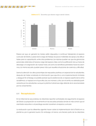 117 
Evaluación y valoración del espacio curricular de Tutoría 
Gráfica 6.12 Docentes que desean seguir siendo tutores 
General Técnica Privada 
100 
90 
80 
70 
60 
50 
40 
30 
20 
10 
0 
83 83 
94 
% de docentes 
Parece ser que, en general, los tutores están dispuestos a continuar trabajando el espacio 
curricular de Tutoría, a pesar de la carga de trabajo, los pocos materiales de apoyo y las dificul-tades 
para la capacitación, entre otros problemas. Las razones pueden ser que las ganancias 
personales obtenidas al hacerse cargo del espacio, tales como la justificación de sus horas de 
descarga o la asignación de nuevas horas, así como los beneficios percibidos hacia los alum-nos 
y la misma escuela, pueden pesar más que aquellas situaciones de carencia y dificultad. 
Llama la atención los altos porcentajes de respuestas positivas, en especial de los estudiantes, 
después de haber analizado la información que apunta a una implementación limitada 
y desigual. Sin embargo, es posible postular que la existencia de un espacio aparte de la rutina 
académica, un espacio en el que ellos, de una manera u otra, son el centro, es valorada positi-vamente 
por los estudiantes, aunque la práctica tutorial sea algo distante de lo recomendado 
por los Lineamientos. 
6.4 Recapitulación 
En la mitad de las secundarias, los directores reportan actividades de seguimiento al espacio 
de Tutoría. La proporción se incrementa en las escuelas privadas donde es más común que el 
orientador educativo o el psicólogo escolar coordinen el espacio curricular. 
La evaluación que los diferentes agentes hacen sobre la implementación de la Tutoría en su 
plantel es, por lo general, buena. Sin embargo, al menos una tercera parte de los directores 
 