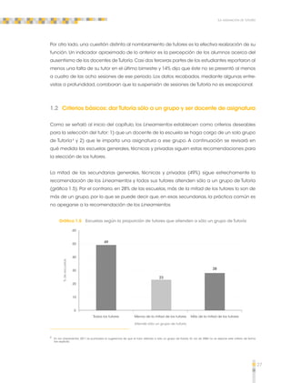 27 
La asignación de tutores 
Por otro lado, una cuestión distinta al nombramiento de tutores es la efectiva realización de su 
función. Un indicador aproximado de lo anterior es la percepción de los alumnos acerca del 
ausentismo de los docentes de Tutoría. Casi dos terceras partes de los estudiantes reportaron al 
menos una falta de su tutor en el último bimestre y 14% dijo que éste no se presentó al menos 
a cuatro de las ocho sesiones de ese periodo. Los datos recabados, mediante algunas entre-vistas 
a profundidad, corroboran que la suspensión de sesiones de Tutoría no es excepcional. 
1.2 Criterios básicos: dar Tutoría sólo a un grupo y ser docente de asignatura 
Como se señaló al inicio del capítulo, los Lineamientos establecen como criterios deseables 
para la selección del tutor: 1) que un docente de la escuela se haga cargo de un solo grupo 
de Tutoría 4 y 2) que le imparta una asignatura a ese grupo. A continuación se revisará en 
qué medida las escuelas generales, técnicas y privadas siguen estas recomendaciones para 
la elección de los tutores. 
La mitad de las secundarias generales, técnicas y privadas (49%) sigue estrechamente la 
recomendación de los Lineamientos y todos sus tutores atienden sólo a un grupo de Tutoría 
(gráfica 1.5). Por el contrario, en 28% de las escuelas, más de la mitad de los tutores lo son de 
más de un grupo, por lo que se puede decir que, en esas secundarias, la práctica común es 
no apegarse a la recomendación de los Lineamientos. 
Gráfica 1.5 Escuelas según la proporción de tutores que atienden a sólo un grupo de Tutoría 
Todos los tutores Menos de la mitad de los tutores Más de la mitad de los tutores 
Atiende sólo un grupo de tutoría 
0 
% de escuelas 
60 
50 
40 
30 
20 
10 
49 
23 
28 
4 En los Lineamientos 2011 se puntualiza la sugerencia de que el tutor atienda a sólo un grupo de Tutoría. En los de 2006 no se expone este criterio de forma 
tan explícita. 
 