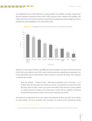 31 
La asignación de tutores 
Las asignaturas que un tutor imparte a su grupo pueden ser variadas y, aunque ninguna pre-domina, 
destacan: Formación Cívica y Ética (18%), Ciencias (16%) e Historia (14%) (gráfica 1.8). 
Cabe mencionar que 7% de los tutores son docentes de la asignatura de Tecnología, que fueron 
excluidos de esta posibilidad en los Lineamientos 2011. 
Gráfica 1.8 Asignaturas de tercero de secundaria que imparten los tutores6 
Educación 
Física 
2ª lengua- Artes 
inglés 
Formación Ciencias Historia Español Matemáticas Tecnología 
Cívica 
y Ética 
Asignaturas 
20 
18 
16 
0 
% de tutores 
12 
10 
8 
6 
4 
2 
18 
16 
14 
11 
10 
7 7 
4 
3 
14 
Tómese en cuenta que la Reforma de 2006 disminuyó la carga curricular en Formación Cívica 
y Ética, Ciencias e Historia y, por tanto, muchos docentes de esas asignaturas se quedaron con 
horas disponibles que se aprovecharon para el espacio curricular de Tutoría. Así lo expresa 
un director de escuela: 
Pues nos quitaron… sobraron horas… entonces el problema uno lo vive aquí: …si un 
maestro tiene 42 horas pero al cambiar la currícula, a él solamente lo pude acomodar 
38 horas, pero las otras 4 horas ¿en qué lo acomodo? Pero tampoco puedo quitarle 
el sueldo, entonces él cobra sus 42 horas pero 4 horas está en superávit y entonces 
precisamente las Tutorías vinieron a llenar esos huequitos que había. 
Al analizar el cumplimiento de los dos criterios de selección se tiene que 62% de los tutores 
los cubre (tabla 1.2). Por el contrario, 12% incumple con ambos al dar únicamente Tutoría 
6 Las opciones de respuesta no eran excluyentes. Un tutor puede dar diferentes asignaturas al mismo tiempo, por ejemplo, Formación Cívica y Ética e Historia. 
 