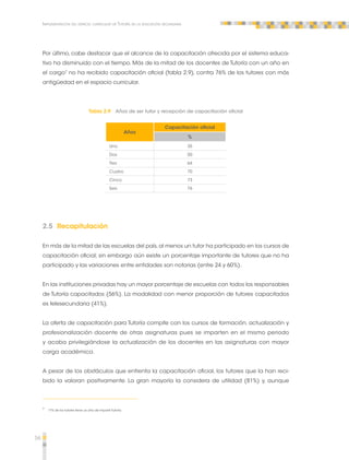 56 
Implementación del espacio curricular de Tutoría en la educación secundaria 
Por último, cabe destacar que el alcance de la capacitación ofrecida por el sistema educa-tivo 
ha disminuido con el tiempo. Más de la mitad de los docentes de Tutoría con un año en 
el cargo7 no ha recibido capacitación oficial (tabla 2.9), contra 76% de los tutores con más 
antigüedad en el espacio curricular. 
Tabla 2.9 Años de ser tutor y recepción de capacitación oficial 
Años 
Capacitación oficial 
% 
Uno 35 
Dos 50 
Tres 64 
Cuatro 70 
Cinco 73 
Seis 76 
2.5 Recapitulación 
En más de la mitad de las escuelas del país, al menos un tutor ha participado en los cursos de 
capacitación oficial; sin embargo aún existe un porcentaje importante de tutores que no ha 
participado y las variaciones entre entidades son notorias (entre 24 y 60%). 
En las instituciones privadas hay un mayor porcentaje de escuelas con todos los responsables 
de Tutoría capacitados (56%). La modalidad con menor proporción de tutores capacitados 
es telesecundaria (41%). 
La oferta de capacitación para Tutoría compite con los cursos de formación, actualización y 
profesionalización docente de otras asignaturas pues se imparten en el mismo periodo 
y acaba privilegiándose la actualización de los docentes en las asignaturas con mayor 
carga académica. 
A pesar de los obstáculos que enfrenta la capacitación oficial, los tutores que la han reci-bido 
la valoran positivamente. La gran mayoría la considera de utilidad (81%) y, aunque 
7 17% de los tutores tiene un año de impartir Tutoría. 
 