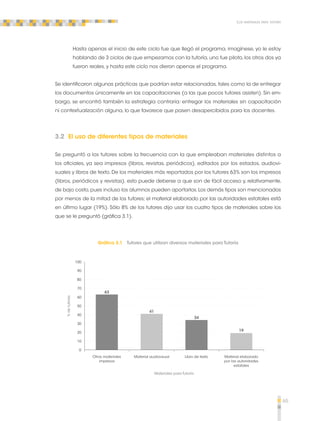 65 
Los materiales para tutoría 
Hasta apenas el inicio de este ciclo fue que llegó el programa, imagínese, yo le estoy 
hablando de 3 ciclos de que empezamos con la tutoría, uno fue piloto, los otros dos ya 
fueron reales, y hasta este ciclo nos dieron apenas el programa. 
Se identificaron algunas prácticas que podrían estar relacionadas, tales como la de entregar 
los documentos únicamente en las capacitaciones (a las que pocos tutores asisten). Sin em-bargo, 
se encontró también la estrategia contraria: entregar los materiales sin capacitación 
ni contextualización alguna, lo que favorece que pasen desapercibidos para los docentes. 
3.2 El uso de diferentes tipos de materiales 
Se preguntó a los tutores sobre la frecuencia con la que empleaban materiales distintos a 
los oficiales, ya sea impresos (libros, revistas, periódicos), editados por los estados, audiovi-suales 
y libros de texto. De los materiales más reportados por los tutores 63% son los impresos 
(libros, periódicos y revistas), esto puede deberse a que son de fácil acceso y, relativamente, 
de bajo costo, pues incluso los alumnos pueden aportarlos. Los demás tipos son mencionados 
por menos de la mitad de los tutores; el material elaborado por las autoridades estatales está 
en último lugar (19%). Sólo 8% de los tutores dijo usar los cuatro tipos de materiales sobre los 
que se le preguntó (gráfica 3.1). 
Gráfica 3.1 Tutores que utilizan diversos materiales para Tutoría 
Otros materiales 
impresos 
Material audiovisual Material elaborado 
por las autoridades 
estatales 
Libro de texto 
100 
90 
80 
70 
60 
50 
40 
30 
20 
10 
0 
63 
41 
34 
19 
% de tutores 
Materiales para Tutoría 
 