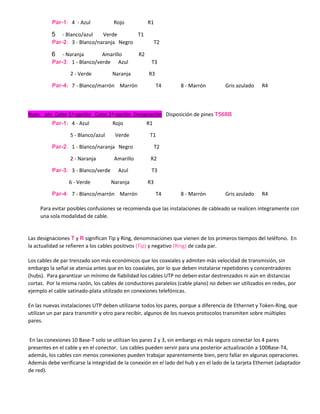 Par-1: 4 - Azul Rojo R1
5 - Blanco/azul Verde T1
Par-2: 3 - Blanco/naranja Negro T2
6 - Naranja Amarillo R2
Par-3: 1 - Blanco/verde Azul T3
2 - Verde Naranja R3
Par-4: 7 - Blanco/marrón Marrón T4 8 - Marrón Gris azulado R4
Num. pin Color 1ª opción Color 2ª opción Designación Disposición de pines T568B
Par-1: 4 - Azul Rojo R1
5 - Blanco/azul Verde T1
Par-2: 1 - Blanco/naranja Negro T2
2 - Naranja Amarillo R2
Par-3: 3 - Blanco/verde Azul T3
6 - Verde Naranja R3
Par-4: 7 - Blanco/marrón Marrón T4 8 - Marrón Gris azulado R4
Para evitar posibles confusiones se recomienda que las instalaciones de cableado se realicen íntegramente con
una sola modalidad de cable.
Las designaciones T y R significan Tip y Ring, denominaciones que vienen de los primeros tiempos del teléfono. En
la actualidad se refieren a los cables positivos (Tip) y negativo (Ring) de cada par.
Los cables de par trenzado son más económicos que los coaxiales y admiten más velocidad de transmisión, sin
embargo la señal se atenúa antes que en los coaxiales, por lo que deben instalarse repetidores y concentradores
(hubs). Para garantizar un mínimo de fiabilidad los cables UTP no deben estar destrenzados ni aún en distancias
cortas. Por la misma razón, los cables de conductores paralelos (cable plano) no deben ser utilizados en redes, por
ejemplo el cable satinado-plata utilizado en conexiones telefónicas.
En las nuevas instalaciones UTP deben utilizarse todos los pares, porque a diferencia de Ethernet y Token-Ring, que
utilizan un par para transmitir y otro para recibir, algunos de los nuevos protocolos transmiten sobre múltiples
pares.
En las conexiones 10 Base-T solo se utilizan los pares 2 y 3, sin embargo es más seguro conectar los 4 pares
presentes en el cable y en el conector. Los cables pueden servir para una posterior actualización a 100Base-T4,
además, los cables con menos conexiones pueden trabajar aparentemente bien, pero fallar en algunas operaciones.
Además debe verificarse la integridad de la conexión en el lado del hub y en el lado de la tarjeta Ethernet (adaptador
de red).
 