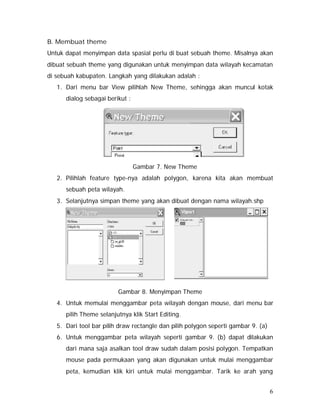 B. Membuat theme 
Untuk dapat menyimpan data spasial perlu di buat sebuah theme. Misalnya akan 
dibuat sebuah theme yang digunakan untuk menyimpan data wilayah kecamatan 
di sebuah kabupaten. Langkah yang dilakukan adalah : 
1. Dari menu bar View pilihlah New Theme, sehingga akan muncul kotak 
6 
dialog sebagai berikut : 
Gambar 7. New Theme 
2. Pilihlah feature type-nya adalah polygon, karena kita akan membuat 
sebuah peta wilayah. 
3. Selanjutnya simpan theme yang akan dibuat dengan nama wilayah.shp 
Gambar 8. Menyimpan Theme 
4. Untuk memulai menggambar peta wilayah dengan mouse, dari menu bar 
pilih Theme selanjutnya klik Start Editing. 
5. Dari tool bar pilih draw rectangle dan pilih polygon seperti gambar 9. (a) 
6. Untuk menggambar peta wilayah seperti gambar 9. (b) dapat dilakukan 
dari mana saja asalkan tool draw sudah dalam posisi polygon. Tempatkan 
mouse pada permukaan yang akan digunakan untuk mulai menggambar 
peta, kemudian klik kiri untuk mulai menggambar. Tarik ke arah yang 
 