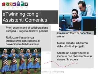 eTwinning con gli
Assistenti Comenius
 Primi esperimenti di collaborazione
 europea -Progetto di breve periodo
                                       Creare un team di docenti e
 Rafforzare l’esperienza               alunni
 interculturale con il paese di
 provenienza dell’Assistente           Moduli tematici all’interno
                                       delle attività di progetto

                                       Creare un luogo virtuale di
                                       incontro con l’Assistente e la
                                       classe / la scuola
 
