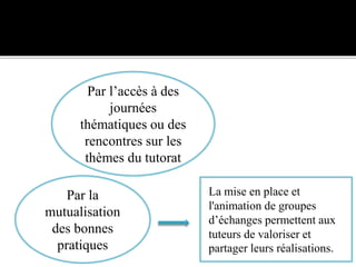 Par l’accès à des
journées
thématiques ou des
rencontres sur les
thèmes du tutorat
Par la mutualisation
des bonnes pratiques
La mise en place et
l'animation de groupes
d’échanges permettent aux
tuteurs de valoriser et
partager leurs réalisations.
Par la
mutualisation
des bonnes
pratiques
 
