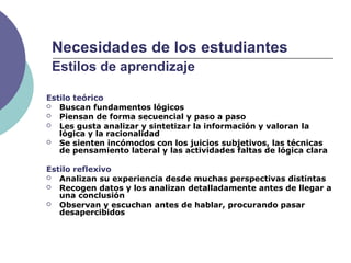 Necesidades de los estudiantes
Estilos de aprendizaje
Estilo teórico
 Buscan fundamentos lógicos
 Piensan de forma secuencial y paso a paso
 Les gusta analizar y sintetizar la información y valoran la
lógica y la racionalidad
 Se sienten incómodos con los juicios subjetivos, las técnicas
de pensamiento lateral y las actividades faltas de lógica clara
Estilo reflexivo
 Analizan su experiencia desde muchas perspectivas distintas
 Recogen datos y los analizan detalladamente antes de llegar a
una conclusión
 Observan y escuchan antes de hablar, procurando pasar
desapercibidos
 