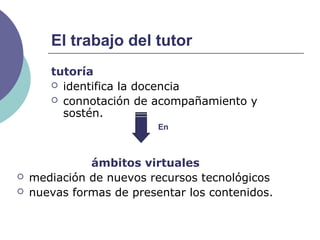 El trabajo del tutor
tutoría
 identifica la docencia
 connotación de acompañamiento y
sostén.
ámbitos virtuales
 mediación de nuevos recursos tecnológicos
 nuevas formas de presentar los contenidos.
En
 