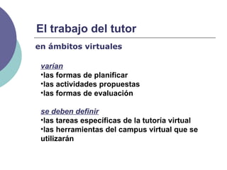 El trabajo del tutor
varían
•las formas de planificar
•las actividades propuestas
•las formas de evaluación
se deben definir
•las tareas específicas de la tutoría virtual
•las herramientas del campus virtual que se
utilizarán
en ámbitos virtuales
 