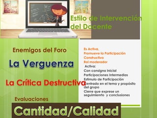 Estilo de Intervención
del Docente
Es Activa,
Promueve la Participación
Constructiva
Rol moderador
Activa:
Con consigna Inicial
Participaciones Intermedias
Estimulo de Participación
Centrado en el tema y propósito
del grupo
Cierre que exprese un
seguimienrto y conclusiones
Enemigos del Foro
Evaluaciones
 