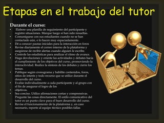 Etapas en el trabajo del tutor
Durante el curso:
• Elabore una planilla de seguimiento del participante y
registre situaciones. Marque luego si han sido resueltas.
• Comuníquese con sus estudiantes cuando no se han
contactado aún, o lo hacen muy espaciadamente.
• Dé a conocer pautas iniciales para la interacción en foros
• Revise diariamente el correo interno de la plataforma y
asegúrese de recibir alertas cuando alguien le escribe.
• Controle las estadísticas para analizar el ritmo de avance.
• Haga devoluciones y oriente las actividades y debates hacia
el cumplimiento de los objetivos del curso, promoviendo la
interactividad. Realice la síntesis de los debates y cierre los
temas.
• Publique según cronograma y habilite contenidos, foros,
sitios de interés y todo recurso que se utilice durante el
desarrollo del curso.
• Evalúe individualmente a cada participante y al grupo con
el fin de asegurar el logro de los
• objetivos.
• Sea conciso. Utilice afirmaciones cortas y comprensivas.
Pregunte las cosas directamente. El estilo comunicativo del
tutor es un punto clave para el buen desarrollo del curso.
• Revise el funcionamiento de la plataforma y, en caso
necesario, reporte al equipo técnico posibles fallas
 
