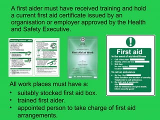 A first aider must have received training and hold
a current first aid certificate issued by an
organisation or employer approved by the Health
and Safety Executive.
• suitably stocked first aid box.
• trained first aider.
• appointed person to take charge of first aid
arrangements.
All work places must have a:
 
