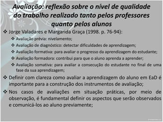 Avaliação: reflexão sobre o nível de qualidade
    do trabalho realizado tanto pelos professores
                 quanto pelos alunos
 Jorge Valadares e Margarida Graça (1998. p. 76-94):
    Avaliação prévia: nivelamento;
    Avaliação de diagnóstico: detectar dificuldades de aprendizagem;
    Avaliação formativa: para avaliar o progresso da aprendizagem do estudante;
    Avaliação formadora: contribui para que o aluno aprenda a aprender;
    Avaliação somativa: para avaliar a consecução do estudante no final de uma
     fase da sua aprendizagem;
 Definir com clareza como avaliar a aprendizagem do aluno em EaD é
  importante para a construção dos instrumentos de avaliação;
 Nos casos de avaliações em situação práticas, por meio de
  observação, é fundamental definir os aspectos que serão observados
  e comunicá-los ao aluno previamente;
 