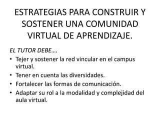 ESTRATEGIAS PARA CONSTRUIR Y
SOSTENER UNA COMUNIDAD
VIRTUAL DE APRENDIZAJE.
EL TUTOR DEBE….
• Tejer y sostener la red vincular en el campus
virtual.
• Tener en cuenta las diversidades.
• Fortalecer las formas de comunicación.
• Adaptar su rol a la modalidad y complejidad del
aula virtual.
 