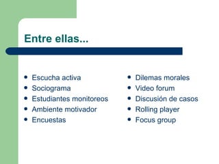 Entre ellas... Escucha activa Sociograma Estudiantes monitoreos Ambiente motivador Encuestas Dilemas morales Video forum Discusión de casos Rolling player Focus group 