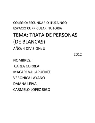 COLEGIO: SECUNDARIO ITUZAINGO
ESPACIO CURRICULAR: TUTORIA
TEMA: TRATA DE PERSONAS
(DE BLANCAS)
AÑO: 4 DIVISION: U
                                2012
NOMBRES:
CARLA CORREA
MACARENA LAPUENTE
VERONICA LAYANO
DAIANA LEIVA
CARMELO LOPEZ RIGO
 