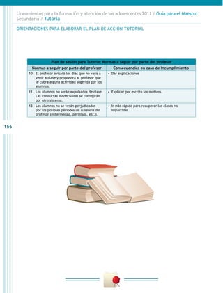 Lineamientos para la formación y atención de los adolescentes 2011 / Guía para el Maestro
      Secundaria / Tutoría

      ORIENTACIONES PARA ELABORAR EL PLAN DE ACCIÓN TUTORIAL




                          Plan de sesión para Tutoría: Normas a seguir por parte del profesor
              Normas a seguir por parte del profesor             Consecuencias en caso de incumplimiento
            10.	 El profesor avisará los días que no vaya a   •  Dar explicaciones
                 venir a clase y propondrá al profesor que
                 le cubra alguna actividad sugerida por los
                 alumnos.
            11.	 Los alumnos no serán expulsados de clase.    •  Explicar por escrito los motivos.
                 Las conductas inadecuadas se corregirán
                 por otro sistema.
            12.	 Los alumnos no se verán perjudicados         •  Ir más rápido para recuperar las clases no
                 por los posibles periodos de ausencia del       impartidas.
                 profesor (enfermedad, permisos, etc.).


156
 