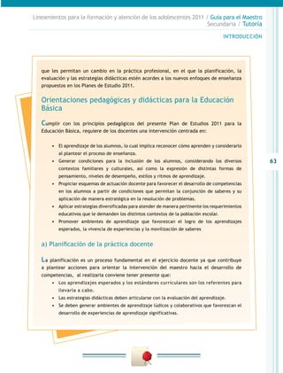 Lineamientos para la formación y atención de los adolescentes 2011 / Guía para el Maestro
                                                                    Secundaria / Tutoría

                                                                                         INTRODUCCIÓN




   que les permitan un cambio en la práctica profesional, en el que la planificación, la
   evaluación y las estrategias didácticas estén acordes a los nuevos enfoques de enseñanza
   propuestos en los Planes de Estudio 2011.


   Orientaciones pedagógicas y didácticas para la Educación
   Básica

   Cumplir  con los principios pedagógicos del presente Plan de Estudios 2011 para la
   Educación Básica, requiere de los docentes una intervención centrada en:


        •	 El aprendizaje de los alumnos, lo cual implica reconocer cómo aprenden y considerarlo
           al plantear el proceso de enseñanza.
        •	 Generar condiciones para la inclusión de los alumnos, considerando los diversos              63
           contextos familiares y culturales, así como la expresión de distintas formas de
           pensamiento, niveles de desempeño, estilos y ritmos de aprendizaje.
        •	 Propiciar esquemas de actuación docente para favorecer el desarrollo de competencias
           en los alumnos a partir de condiciones que permitan la conjunción de saberes y su
           aplicación de manera estratégica en la resolución de problemas.
        •	 Aplicar estrategias diversificadas para atender de manera pertinente los requerimientos
           educativos que le demanden los distintos contextos de la población escolar.
        •	 Promover ambientes de aprendizaje que favorezcan el logro de los aprendizajes
           esperados, la vivencia de experiencias y la movilización de saberes


   a) Planificación de la práctica docente

   La planificación es un proceso fundamental en el ejercicio docente ya que contribuye
   a plantear acciones para orientar la intervención del maestro hacia el desarrollo de
   competencias, al realizarla conviene tener presente que:
        •	 Los aprendizajes esperados y los estándares curriculares son los referentes para
           llevarla a cabo.
        •	 Las estrategias didácticas deben articularse con la evaluación del aprendizaje.
        •	 Se deben generar ambientes de aprendizaje lúdicos y colaborativos que favorezcan el
           desarrollo de experiencias de aprendizaje significativas.
 