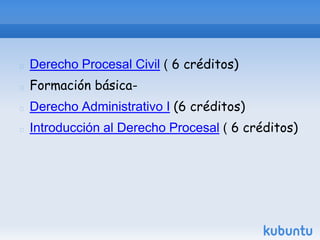    Derecho Procesal Civil ( 6 créditos)
   Formación básica-
   Derecho Administrativo I (6 créditos)
   Introducción al Derecho Procesal ( 6 créditos)
 