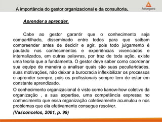 A importância do gestor organizacional e da consultoria.
Aprender a aprender.
Cabe ao gestor garantir que o conhecimento seja
compartilhado, disseminado entre todos para que saibam
compreender antes de decidir e agir, pois todo julgamento é
pautado nos conhecimentos e experiências vivenciados e
internalizados, em outras palavras, por traz de toda ação, existe
uma teoria que a fundamenta. O gestor deve saber como coordenar
sua equipe de maneira a analisar quais são suas peculiaridades,
suas motivações, não deixar a burocracia inflexibilizar os processos
e aprender sempre, pois os profissionais sempre tem de estar em
constante aprendizado.
O conhecimento organizacional é visto como kanow-how coletivo da
organização , a sua expertise, uma competência expressa no
conhecimento que essa organização coletivamente acumulou e nos
problemas que ela efetivamente consegue resolver.
(Vasconcelos, 2001, p. 99)
 