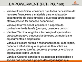 EMPOWERMENT (PLT. PG. 160)
- Variável Econômica: considera que todos necessitam de
recursos financeiros e materiais para o adequado
desempenho de suas funções e que toda tarefa para ser
efetiva precisa ter sucesso econômico;
- Variável Informacional: considera o aspecto do
conhecimento da tarefa (por que, quando e como);
- Variável Técnica: engloba a tecnologia disponível no
processo proativo e necessita de todos os materiais e
equipamentos à disposição;
- Variável Política: enfoca a responsabilidade, autoridade,
poder e a influência que as pessoas têm sobre as
outras, sobre as tarefas, sobre os processos e sobre a
organização como um todo;
- Variável Cultural: considera os aspectos psicológicos e
sociais das pessoas e grupos das organização que
 