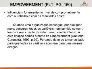 EMPOWERMENT (PLT. PG. 160)
- Influenciam fortemente no nível de comprometimento
com o trabalho e com os resultados deste;
Quando uma organização consegue, por qualquer
meio, convergir todas as variáveis num sentido comum,
temos a real criação de valor para o cliente interno. A
esta criação damos o nome de Empowerment (Catunda;
Cerqueira, 1999, p.20). Portando deve-se tomar cuidado
para que todas as variáveis apontem para uma mesma
direção.
 