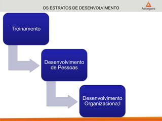 OS ESTRATOS DE DESENVOLVIMENTO
Treinamento
Desenvolvimento
de Pessoas
Desenvolvimento
Organizaciona;l
 